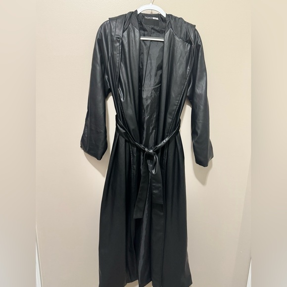 Faux Leather Black Women's Long Coat With Hood and Belt. - Picture 1 of 3